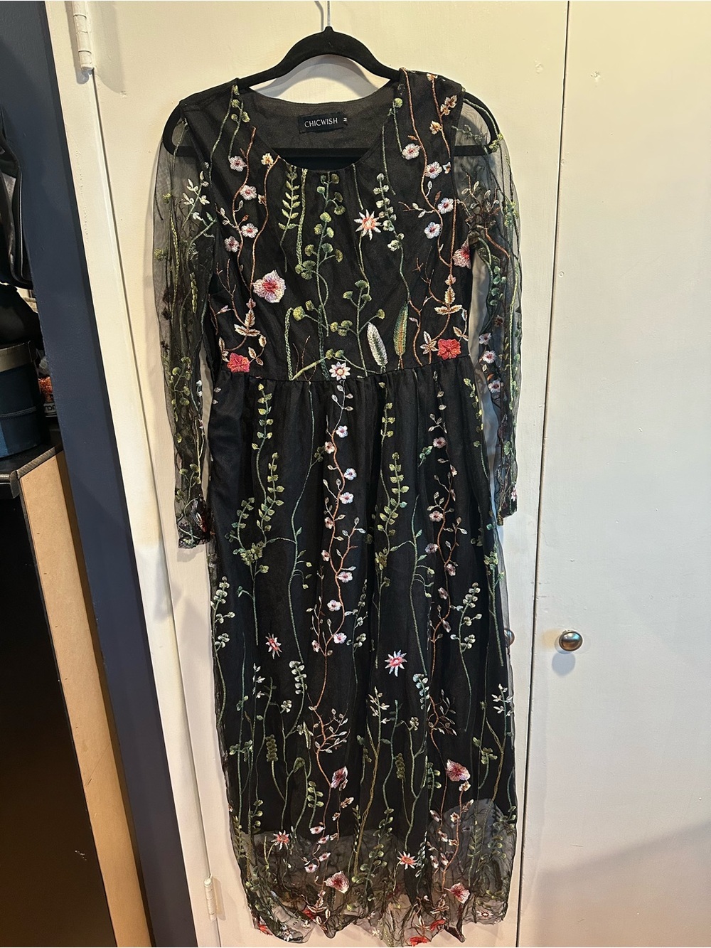 Chicwish Black Floral Embroidered Top with Green Accents